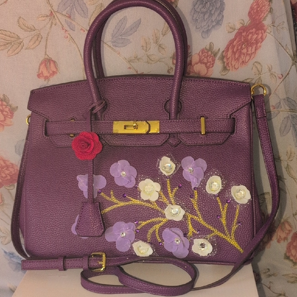 Purple Floral Embellished Satchel Handbag